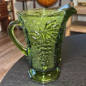 Vintage Anchor Hocking Green Glass Pitcher With Grape Leaf Design